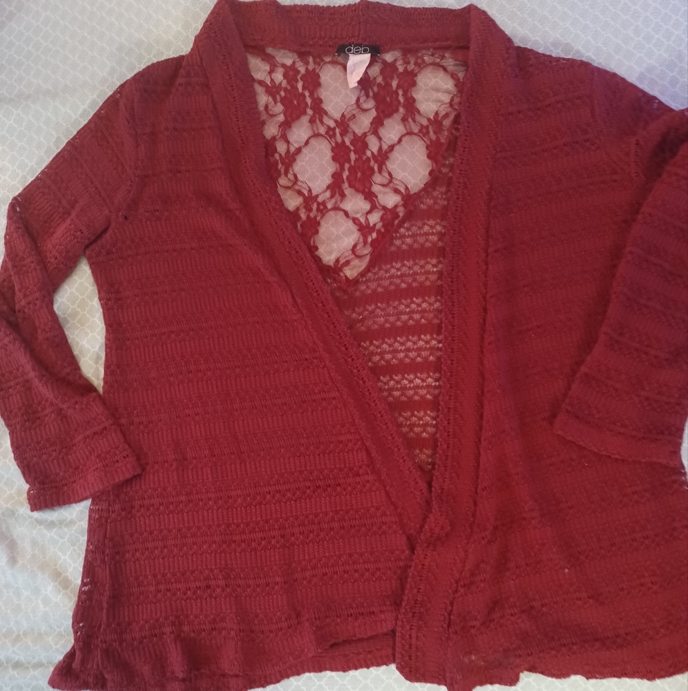 deb womens 1X red open knit cardigan duster Lightweight Spring vintage